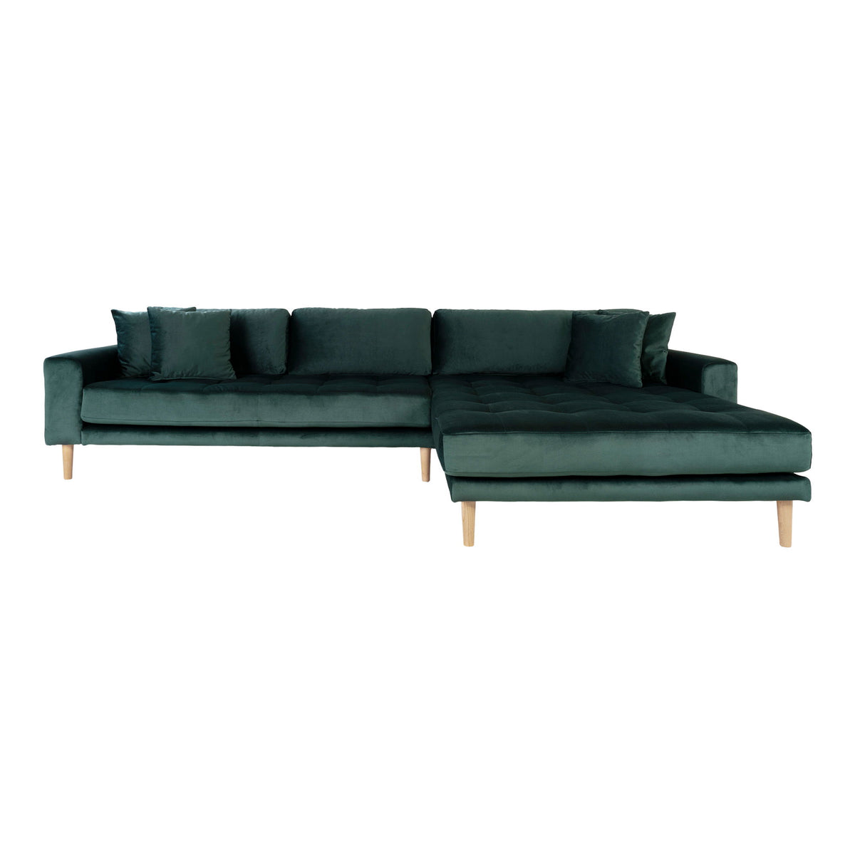 Lido Lounge Sofa - Lounge Sofa, højrevendt i mørkegrøn velour med fire puder og natur træben, HN1006