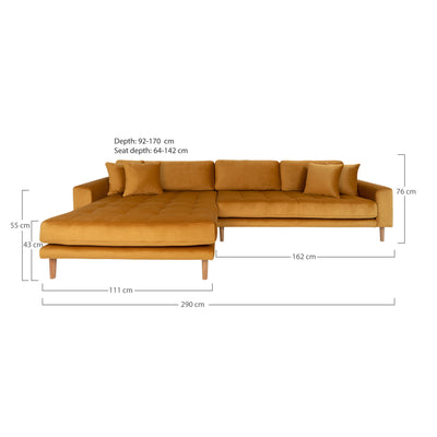 Lido Lounge Sofa - Lounge Sofa, venstrevendt i sennepsgul velour med fire puder og natur træben, HN1004