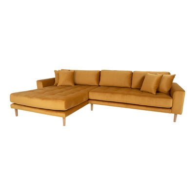 Lido Lounge Sofa - Lounge Sofa, venstrevendt i sennepsgul velour med fire puder og natur træben, HN1004