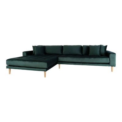 Lido Lounge Sofa - Lounge Sofa, venstrevendt i mørkegrøn velour med fire puder og natur træben,  HN1006