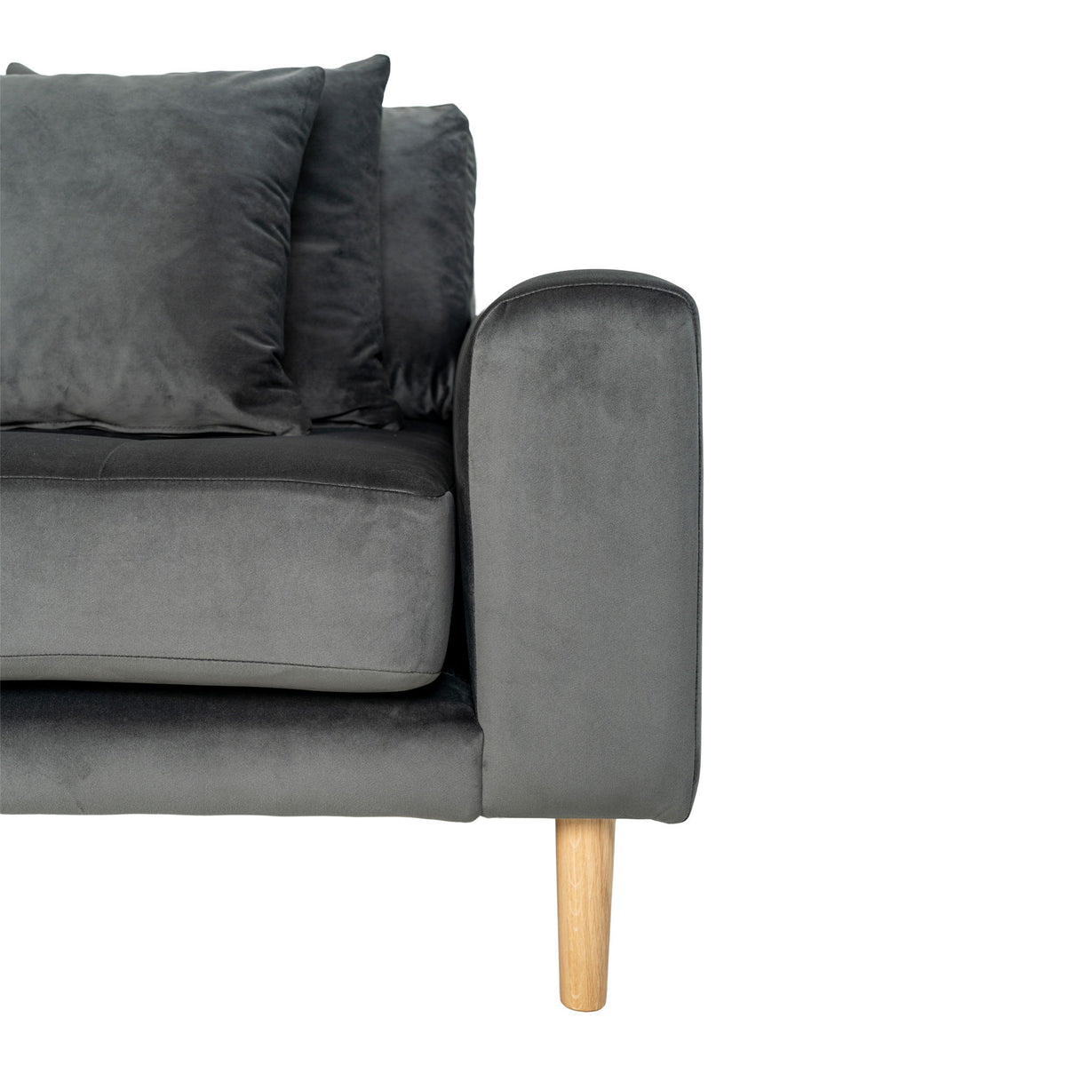 Lido Lounge Sofa - Lounge Sofa, venstrevendt i mørkegrå velour med fire puder og natur træben, HN1013