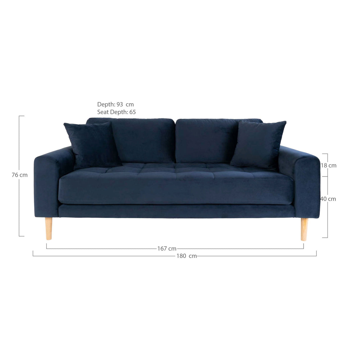 Lido 2,5 Personers Sofa - 2,5 Personers Sofa, mørkeblå velour med to puder og natur træben, HN1005