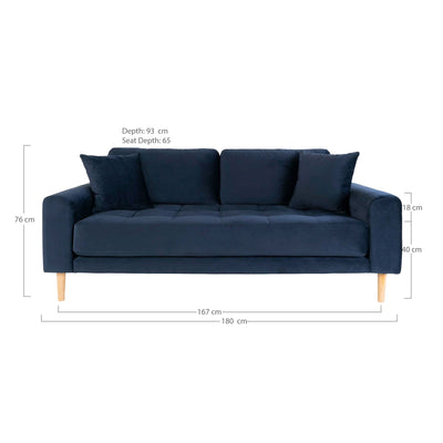 Lido 2,5 Personers Sofa - 2,5 Personers Sofa, mørkeblå velour med to puder og natur træben, HN1005