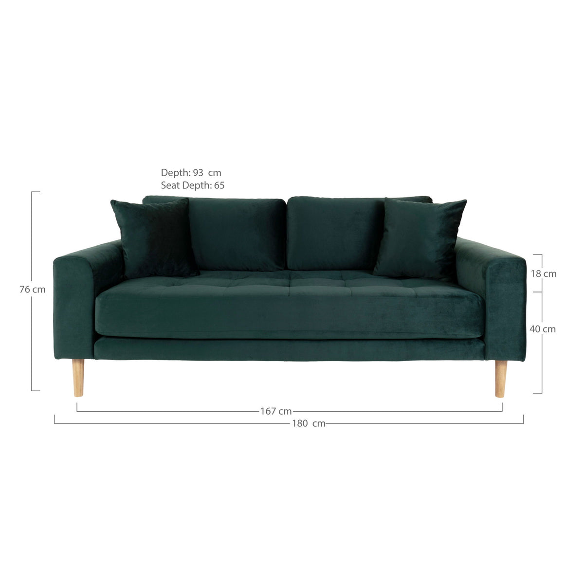 Lido 2,5 Personers Sofa - 2,5 Personers Sofa, mørkegrøn velour med to puder og natur træben, HN1006