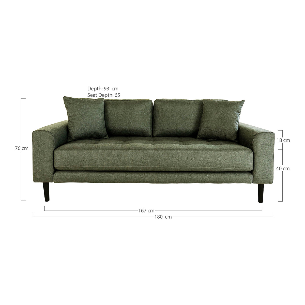 Lido 2,5 Personers Sofa - 2,5 Personers Sofa, olivengrøn med to puder og sorte træben,  HN1020