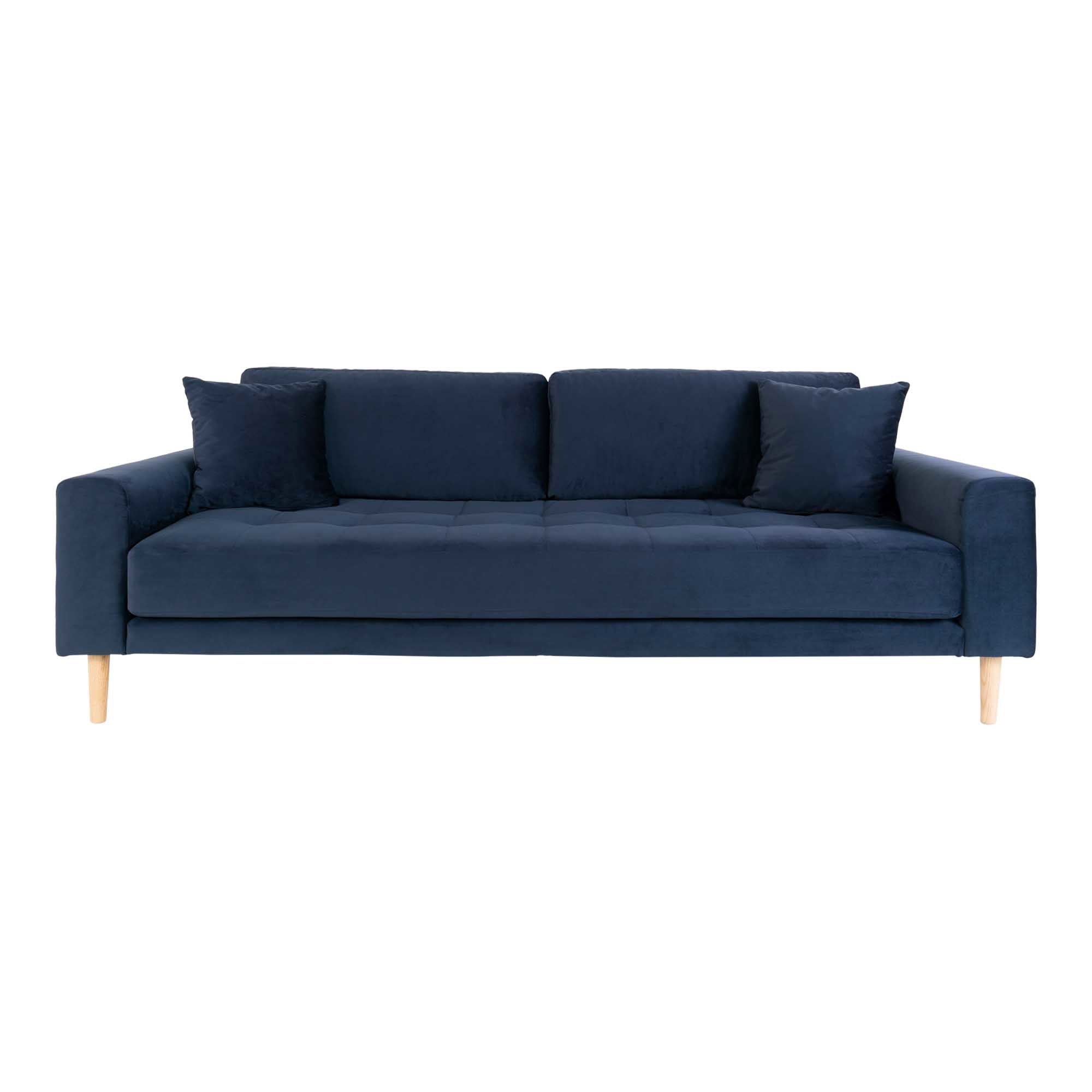 Lido 3 Personers Sofa - 3 Personers Sofa, mørkeblå velour med to puder og natur træben, HN1005