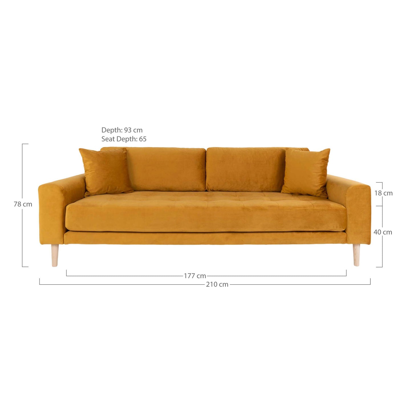 Lido 3 Personers Sofa - 3 Personers Sofa, sennepsgul velour med to puder og natur træben, HN1004