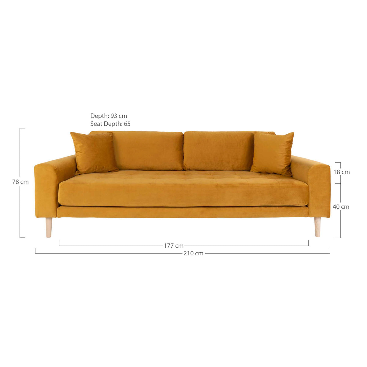 Lido 3 Personers Sofa - 3 Personers Sofa, sennepsgul velour med to puder og natur træben, HN1004