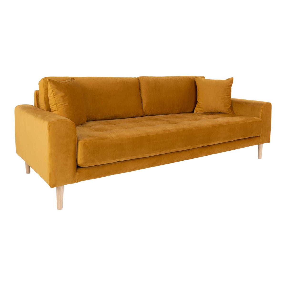 Lido 3 Personers Sofa - 3 Personers Sofa, sennepsgul velour med to puder og natur træben, HN1004