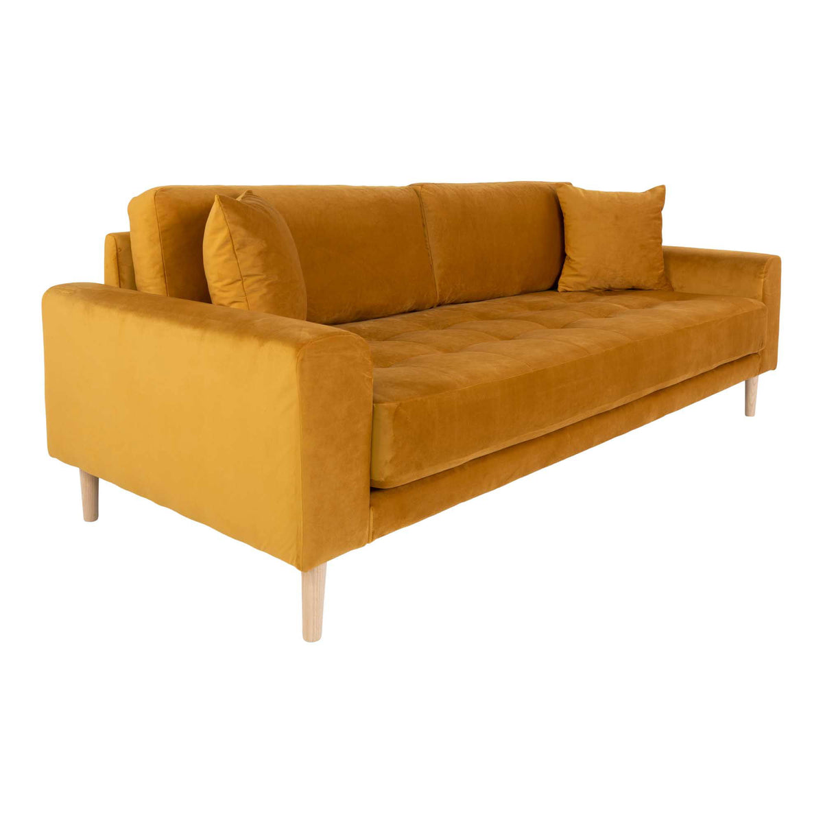 Lido 3 Personers Sofa - 3 Personers Sofa, sennepsgul velour med to puder og natur træben, HN1004