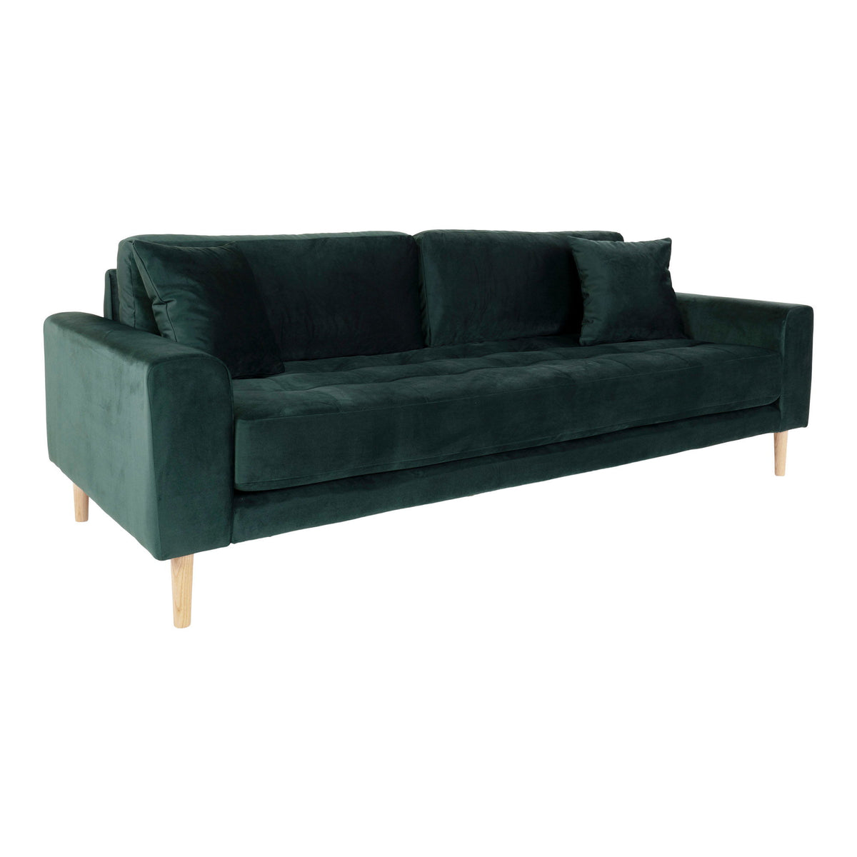 Lido 3 Personers Sofa - 3 Personers Sofa, mørkegrøn velour med to puder og natur træben, HN1006