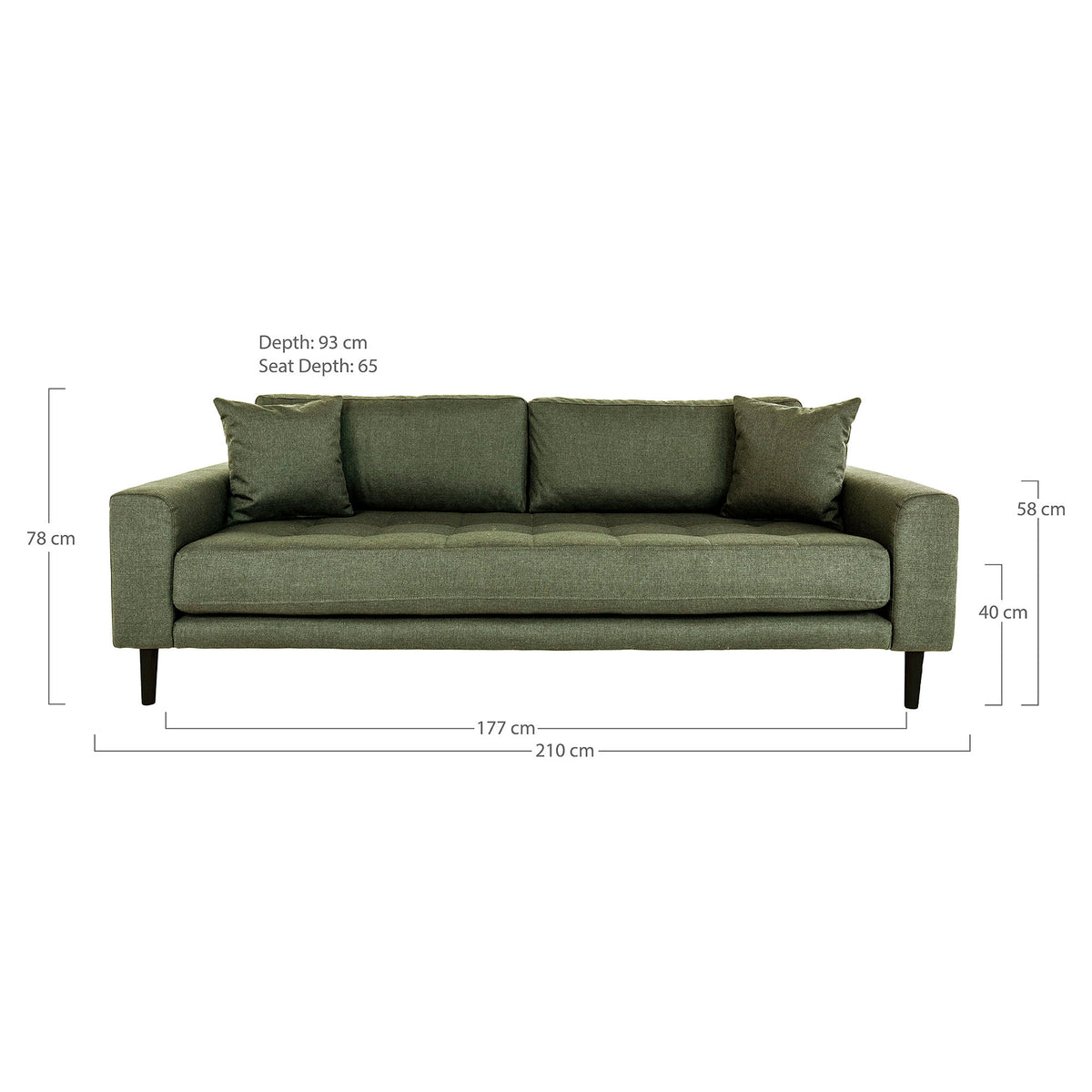 Lido 3 Personers Sofa - 3 Personers Sofa, olivengrøn med to puder og sorte træbnen, HN1020