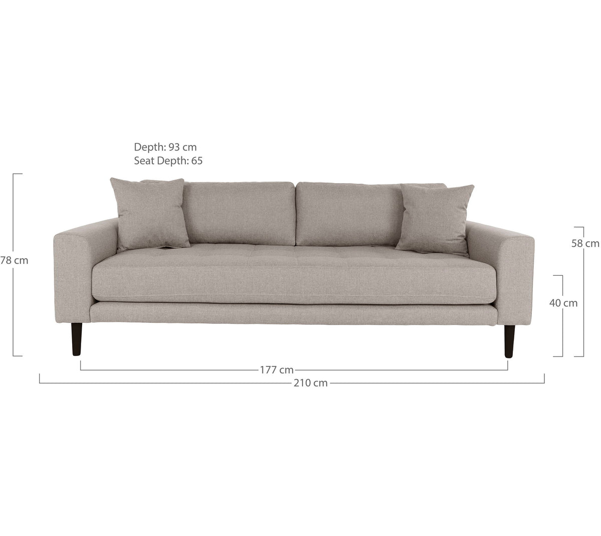 Lido 3 Personers Sofa - 3 Personers Sofa, stone med  to puder og sorte træben, HN1030