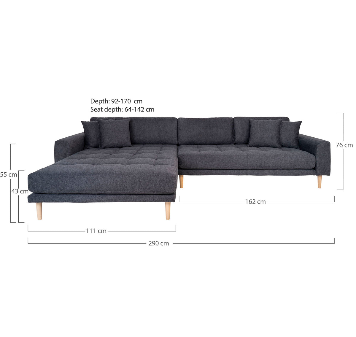 Lido Lounge Sofa - Lounge Sofa, venstrevendt i mørkegrå med fire puder og natur træben, HN1045