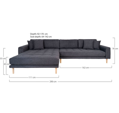 Lido Lounge Sofa - Lounge Sofa, venstrevendt i mørkegrå med fire puder og natur træben, HN1045