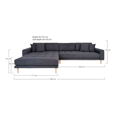 Lido Lounge Sofa - Lounge Sofa, venstrevendt i mørkegrå med fire puder og natur træben, HN1045