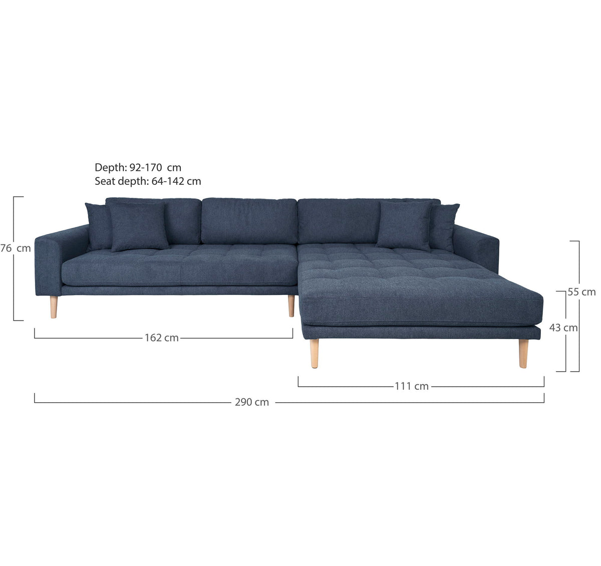 Lido Lounge Sofa - Lounge Sofa, højrevendt i mørkeblå med fire puder og natur træben, HN1035