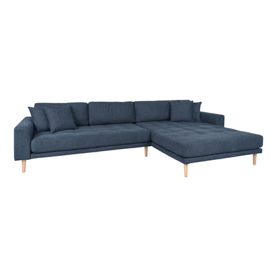 Lido Lounge Sofa - Lounge Sofa, højrevendt i mørkeblå med fire puder og natur træben, HN1035