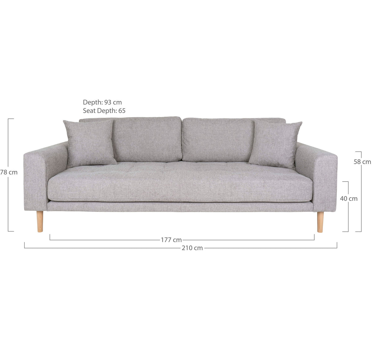 Lido 3 Personers Sofa - 3 Personers Sofa,  lysegrå med to puder og natur træben, HN1040