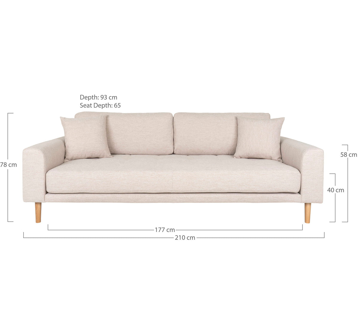 Lido 3 Personers Sofa - 3 Personers Sofa, sand med to puder og natur træben, HN1050