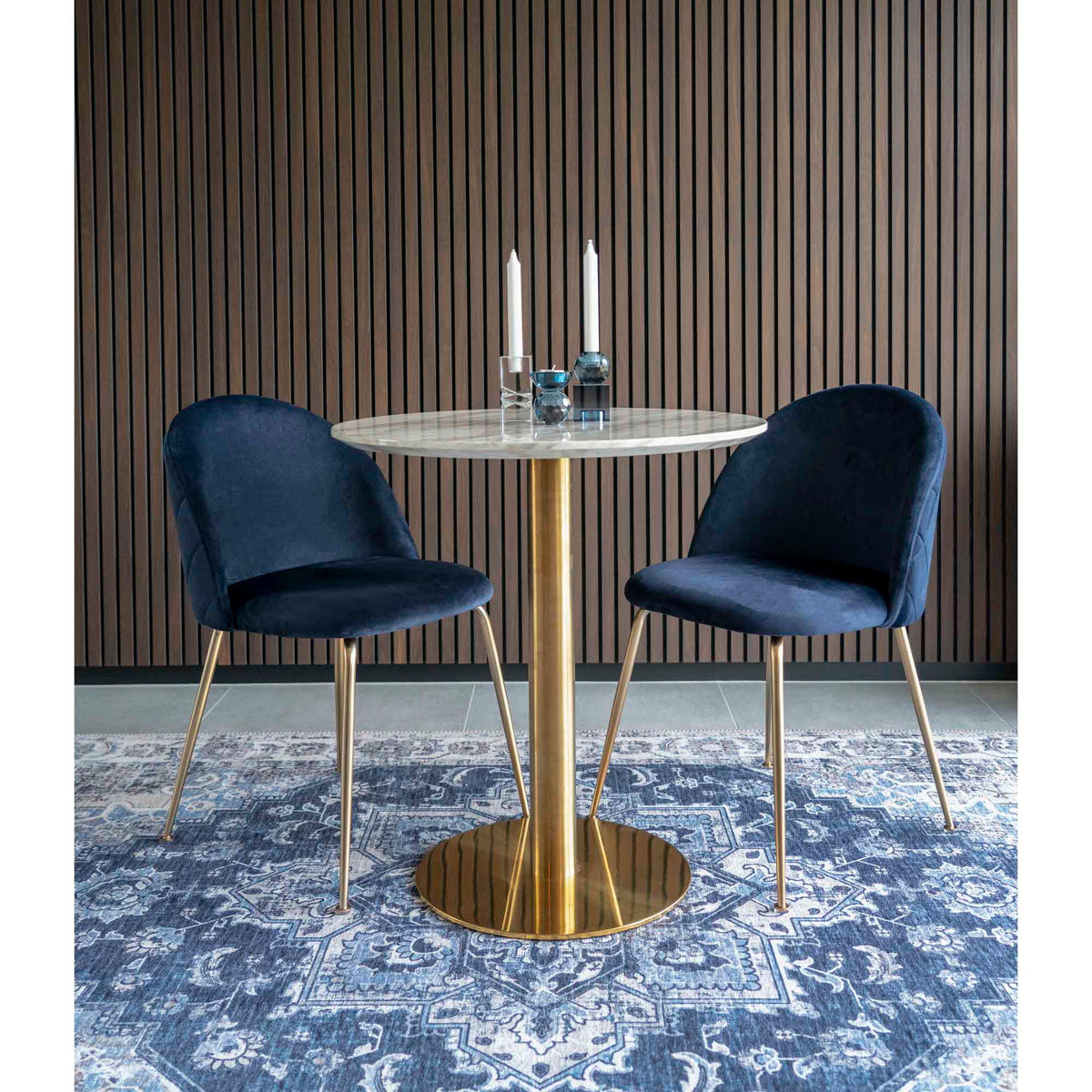 Bolzano Spisebord - Spisebord, marmor look bordplade, hvid, messing look base ø70x75 cm