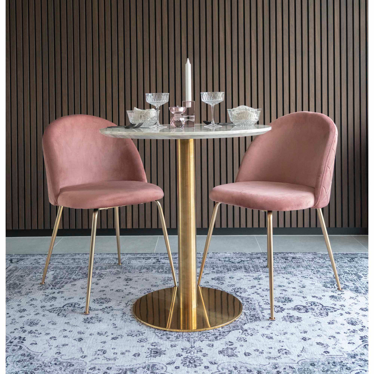Bolzano Spisebord - Spisebord, marmor look bordplade, hvid, messing look base ø70x75 cm