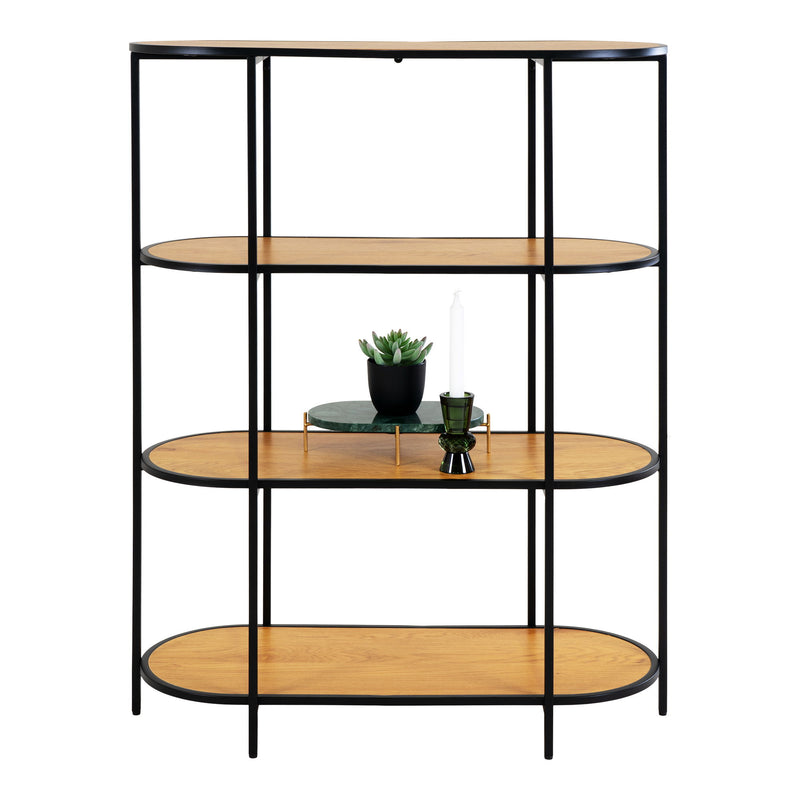 Vita Reol - Oval reol, 4 hylder, egetræslook, sort stel 85x36x111 cm