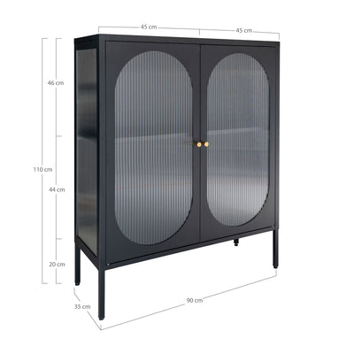 Adelaide Vitrineskab - Vitrineskab, sort, 2 riflede glasdøre 90x35x110 cm
