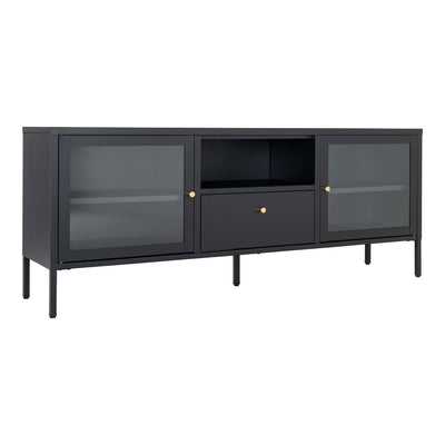 Dalby TV-Bænk - TV-Bænk, 2 glaslåger, 1 skuffe, stål, sort 150x35x60