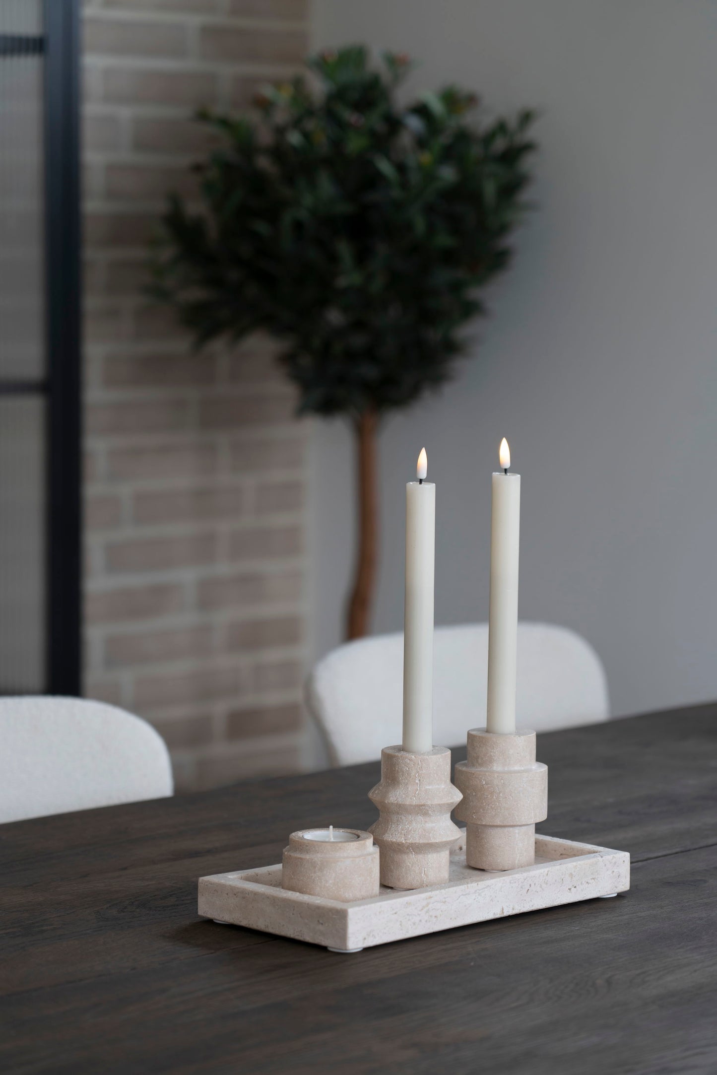 Lysestage - Lysestage, travertin, natur, ø7x10 cm