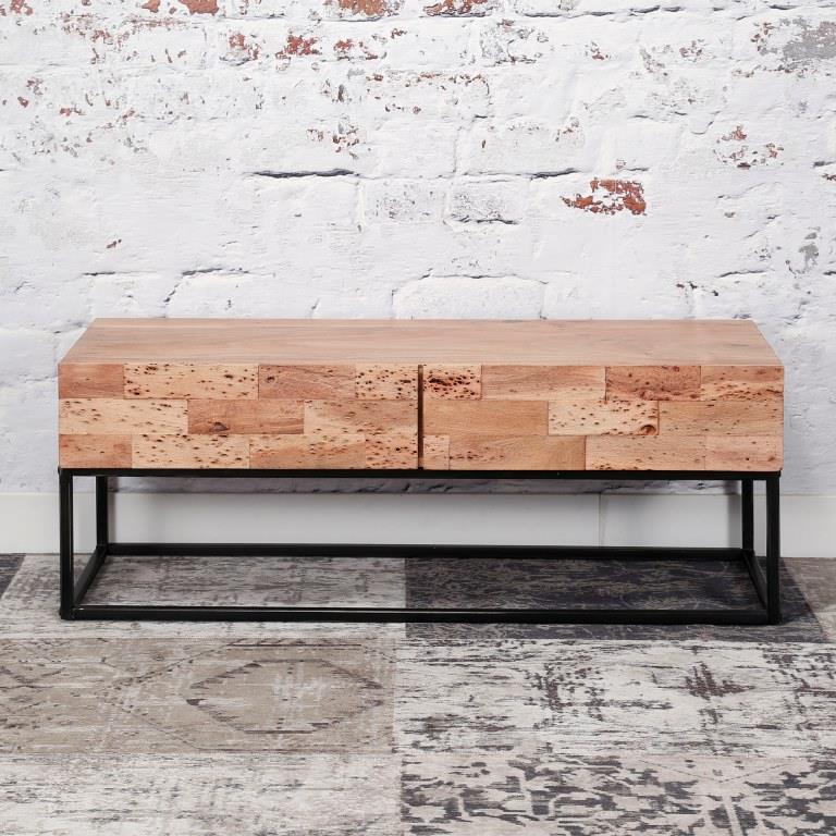 TV bord - massiv sandblæst akacietræ med 2 skuffer.