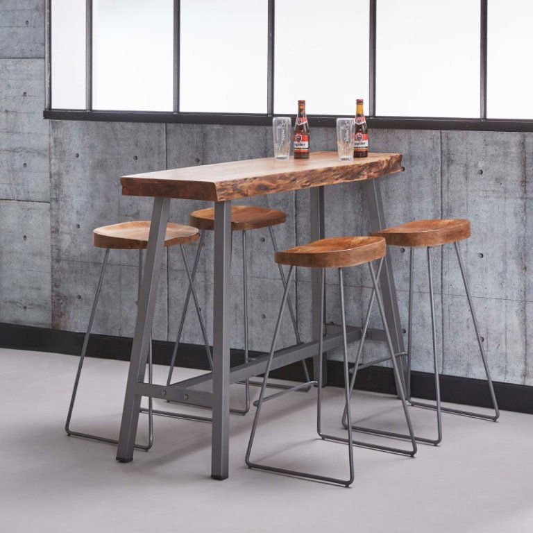 Barstol i massiv akacietræ - Metal