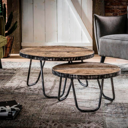 To sofaborde i genbrugstræ - Patineret metal.