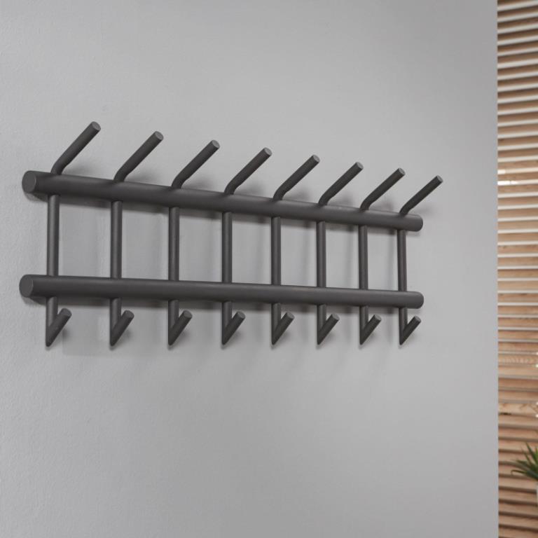 Knagerække i mat grå stål - 8 dobbelt kroge